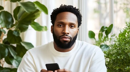 Man holding a phone, serious expression