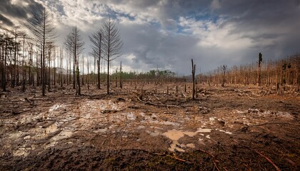 a desolate landscape showcasing deforestation with bare trees and muddy ground under a cloudy sky nature s struggle against destruction
