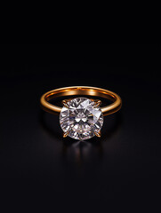 Radiant Solitaire: A meticulously crafted, gleaming gold ring with a breathtaking, large, sparkling diamond centerpiece, set against a dark backdrop, capturing the timeless elegance and luxury.