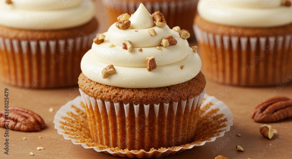 Poster a close up view of several cupcakes with white frosting and nuts on a brown surface in soft lighting