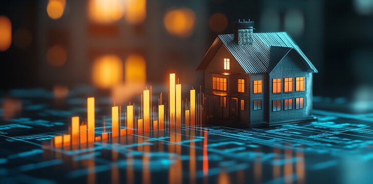 Model House with Growing Chart Displayed on a Futuristic Platform