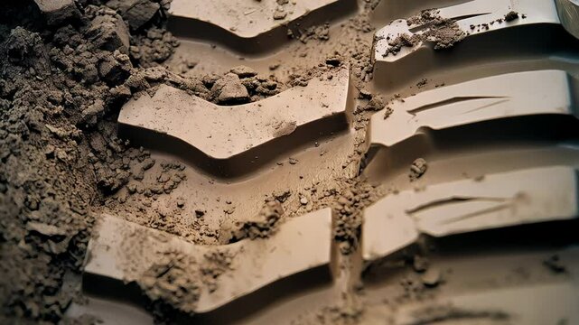 Close up of all terrain vehicle tire tracks in mud showing soil displacement on a farm during daylight hours