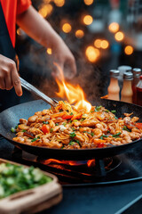 Cooking stir-fried noodles with colorful vegetables and flames at a street food stall