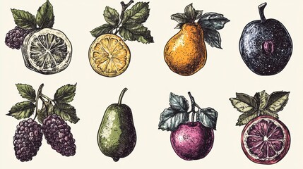 Vibrant Assortment of Hand-Drawn Fruits in Detailed Illustrations