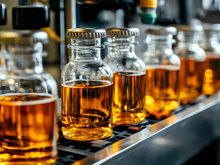 Bottling Process in a Beverage Factory with Amber Liquid in Glass Containers