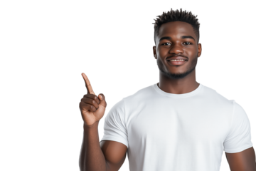 Lächelnder Mann zeigt mit erhobenem Zeigefinger nach oben PNG mit transparentem Hintergrund

