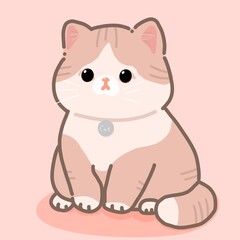  고양이 목걸이를 찬 통통한 핑크 고양이 일러스트