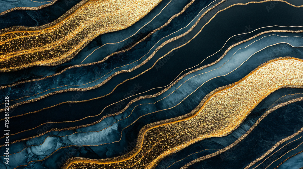 Poster an intricate black and gold abstract pattern featuring layered golden dust swirling in a captivating