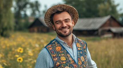 Smiling Man in Ukrainian Vyshyvanka in Rural Village