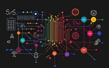 Obraz premium A flow chart with multiple connected lines and colorful dots representing data