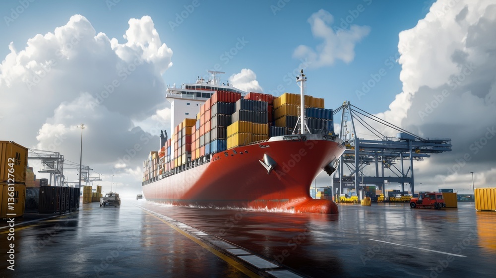 Poster massive cargo ship loaded with rows of colorful shipping containers sailing across the vast and tran