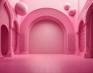 a pink room with a pink wall and a pink arch