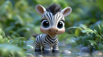 Adorable Baby Zebra Cartoon in Jungle Stream Animated Cute Striped Animal Wildlife.