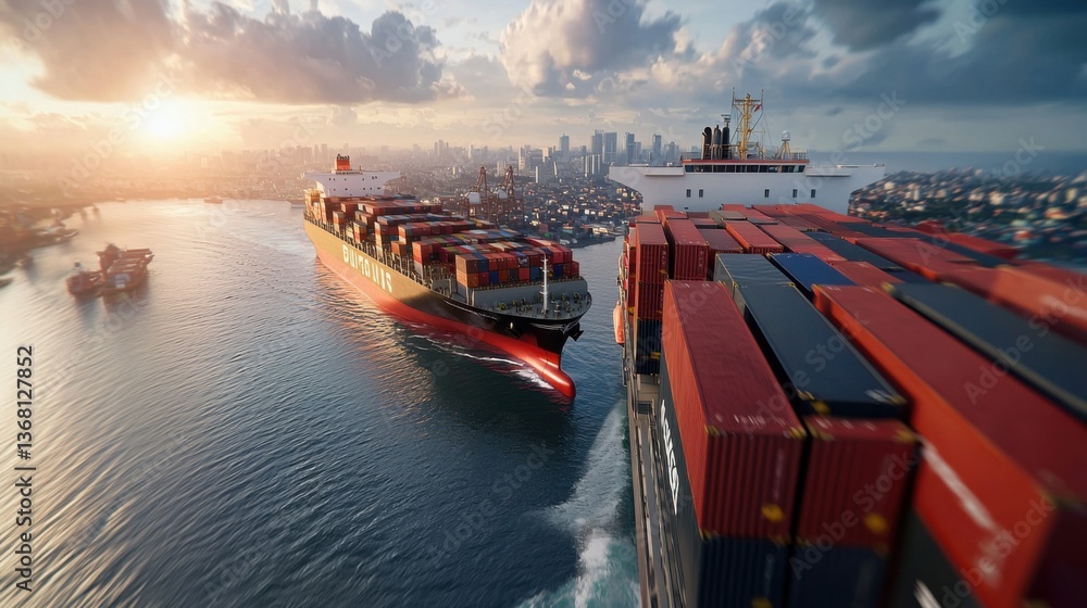 Poster massive cargo ship loaded with countless containers traversing the vast seascape, symbolizing global