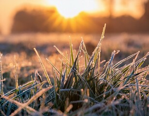 a close up of frost covered grass blades at sunrise with melting ice crystals glistening in the soft morning light