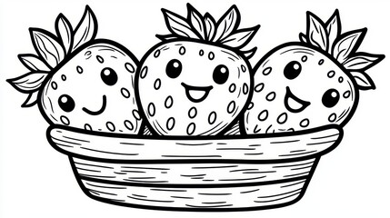 Happy Cartoon Strawberries in a Wooden Basket for Coloring Fun