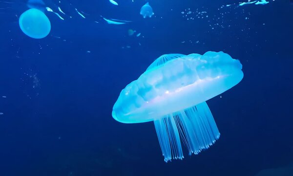 Moon jelly Jellyfish Aurelia aurita  Translucent, Moonlike Bell in a Deep Blue Water looks Very Beautiful Background