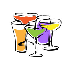 Set of five glasses with drinks. Collection of different glass goblets with multi-colored liquids. Perfect for menu, kitchen poster. Vector illustration isolated on white background.
