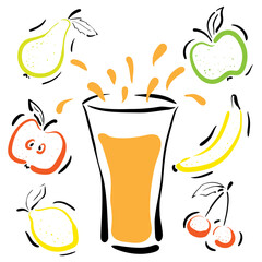 Juice in a glass from berries and fruits.  Apples, pear, cherry, lemon, banana. Vector illustration.