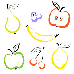 Set of abstract berries and fruits drawing in sketch style. Apples, pear, cherry, lemon, banana, blueberry. Vector illustration.