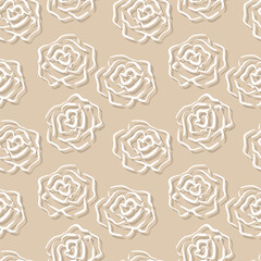 Seamless pattern with roses in sketch style. Simple silhouettes of white roses on a beige background. Floral texture. Perfect for textiles, wallpaper, packaging and wrapping paper. Vector illustration
