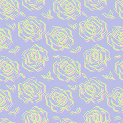 Seamless pattern with roses. Simple silhouettes of green roses with pink shadow on violet background. Floral texture. Perfect for textiles, wallpaper, packaging and wrapping paper. Vector illustration