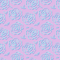 Seamless pattern with roses in sketch style. Simple silhouettes of blue roses on a violet background. Floral texture. Perfect for textiles, wallpaper, packaging and wrapping paper. Vector illustration