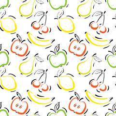 Set of abstract ripe berries and fruits drawn in sketch style. Apples, pear, cherry, lemon, banana seamless pattern on white background. Perfect for kitchen textile. Vector illustration.