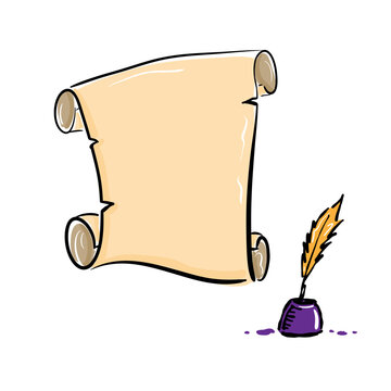 Blank open old scroll. Torn papyrus drawn in cartoon style. Antique paper. Ink pen in an inkwell. Vintage feather quill pen with container. Old writing utensils. Ink blots. Vector illustration.