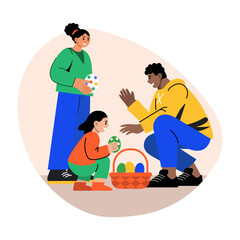 Some characters hiding eggs on easter, flat illustration 