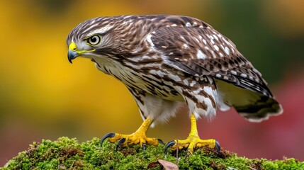 Fototapeta premium Sharp-shinned Hawk Perched on Moss: A Stunning Close-Up