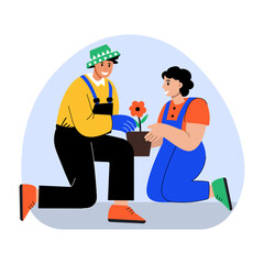 Two characters planting flowers, flat style illustration 