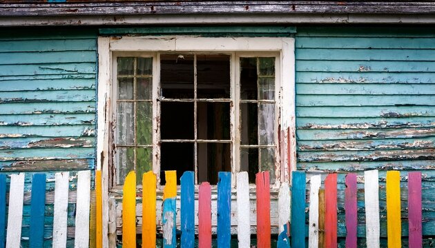 abandoned house window showcasing deterioration with colorful wooden planks and a white iron fence highlighting urban decay and character