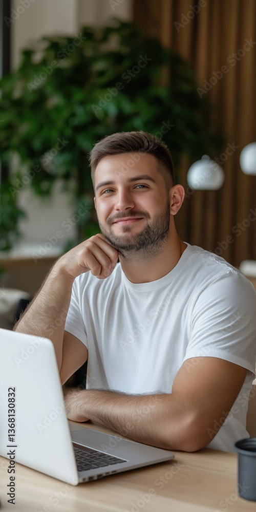 Poster a man is sitting at a desk with a laptop in front of him. he is smiling and he is happy