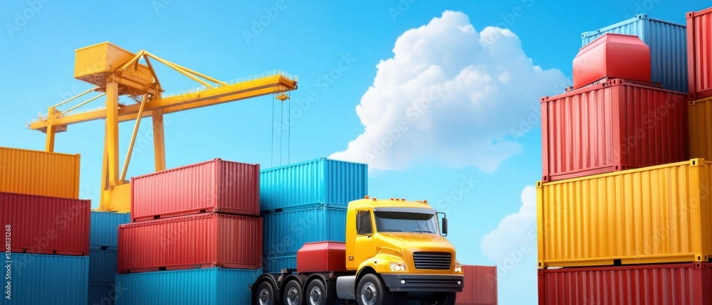 Poster stacked cargo containers arranged in an orderly fashion within a bustling global shipping yard.