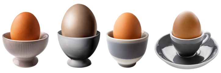 A collection of eggs displayed in modern egg cups of various designs and colors.