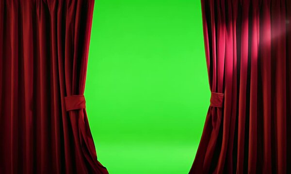 Dramatic Red Stage Curtains Opening To Reveal Green Chroma Background