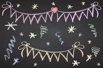 Collection of hand drawn charcoal doodle birthday party simbol shapes Childish girly style. Pencil drawings Color elements on black chalkboard. Vector illustration.