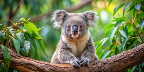 Fototapeta premium A koala is sitting in a tree with branches and leaves surrounding it in the Zoo de Beauval, France, cute creature