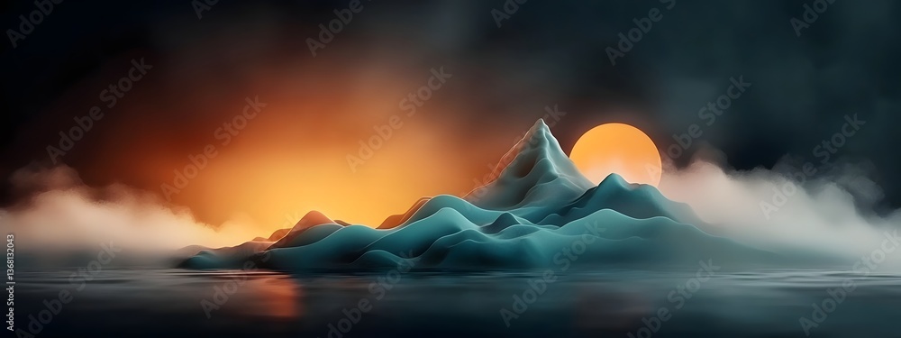 Poster mesmerizing digital landscape with undulating indigo waves and peaks evoking a retro futuristic aest