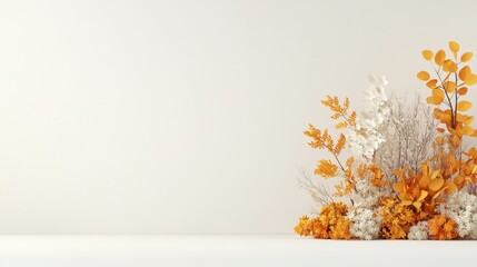 Autumnal floral arrangement on white background.