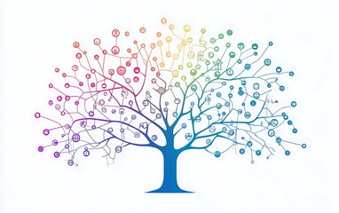 A flow chart with multiple connected lines and colorful dots representing data