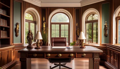 a home office styled as a royal council chamber with large wooden desk and regal furnishings representing professional authority concept of work