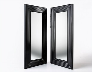 upright and angled black framed mirrors isolated with white background