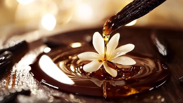 A close-up image capturing vanilla extract dripping from a pod onto a delicate white flower in a pool of liquid, surrounded by whole vanilla beans. The warm lighting and rich tones 