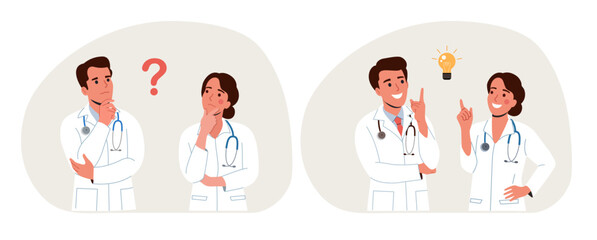 Young Thinking Doctor woman and man surrounded by a question mark and finding new idea. Shiny light bulb. Flat style cartoon vector illustration.