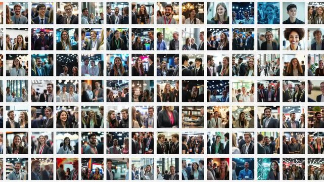 Large collage of business images portrays professionals navigating different corporate situations, from presentations to networking, underscoring the variety and energy of business life.