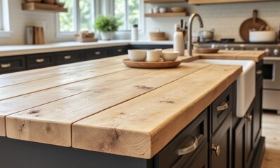 Modern kitchen with a wooden island and clean design.