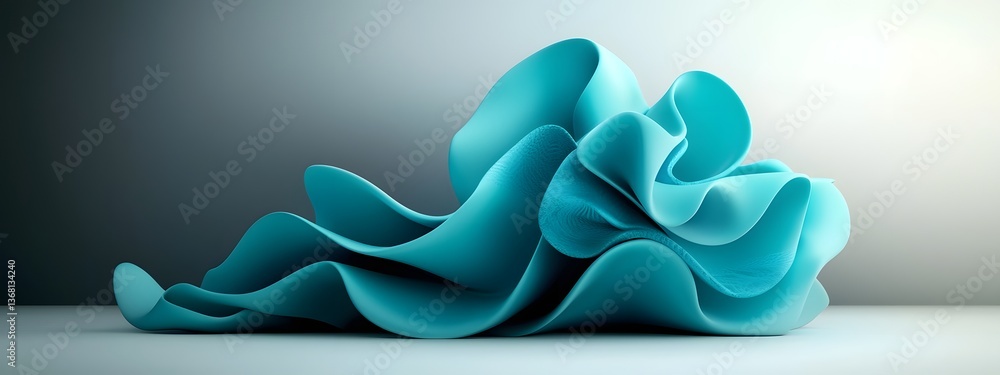 Poster mesmerizing undulating blue digital waveforms cascading across a stark black and white backdrop evok