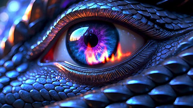 Close-up of detailed dragon eye reflecting fire with blue scales and fantasy look
